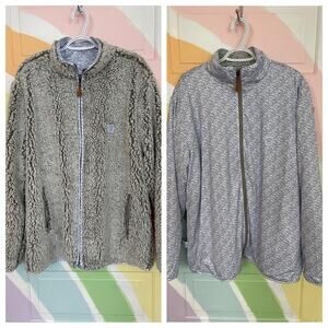 USA Palm XL Reversible Full Zip Sherpa Fleece Jacket Wave Print Coastal Style